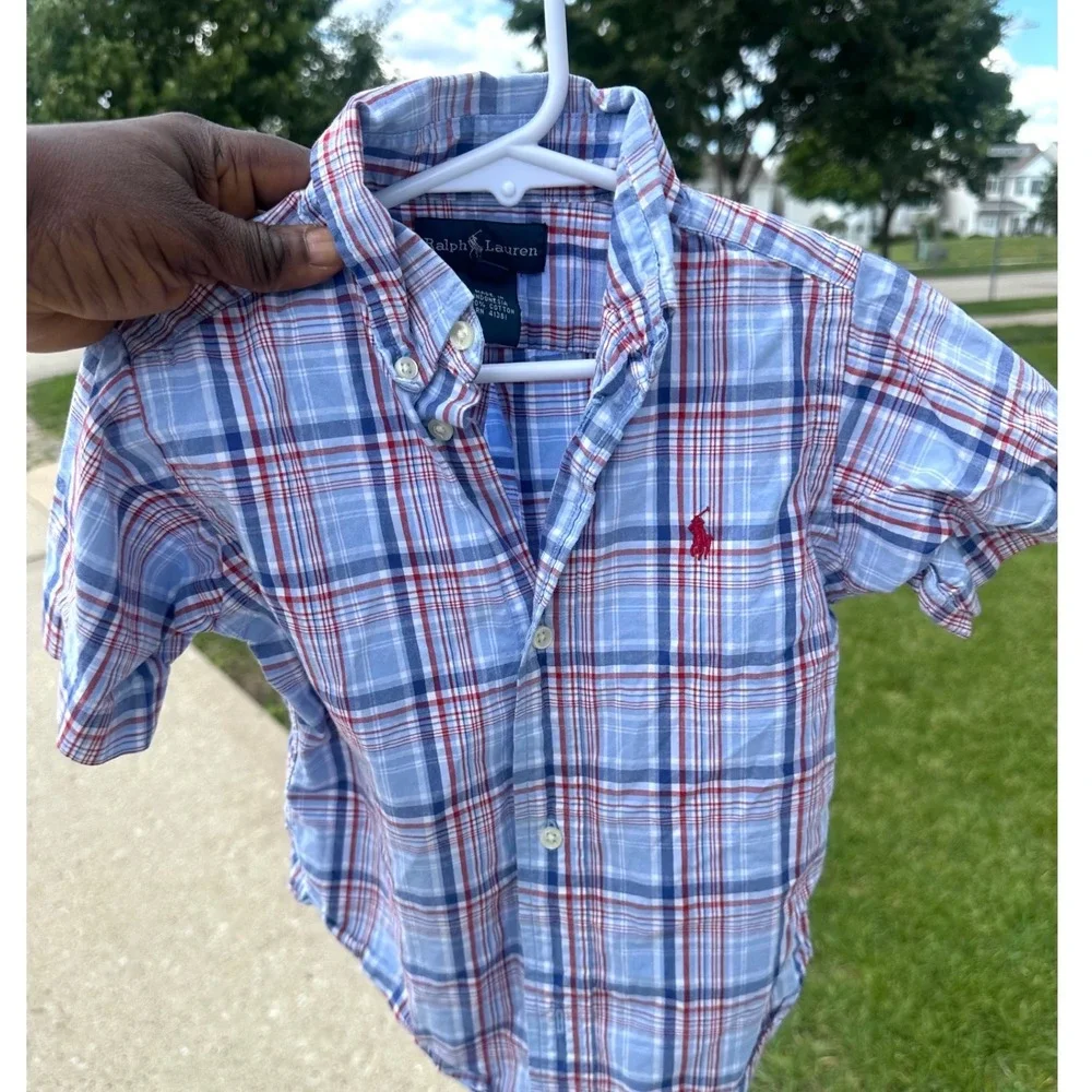 Ralph Lauren Toddler Boys Size 3T Blue Red Plaid Short Sleeve Button Down Shirt